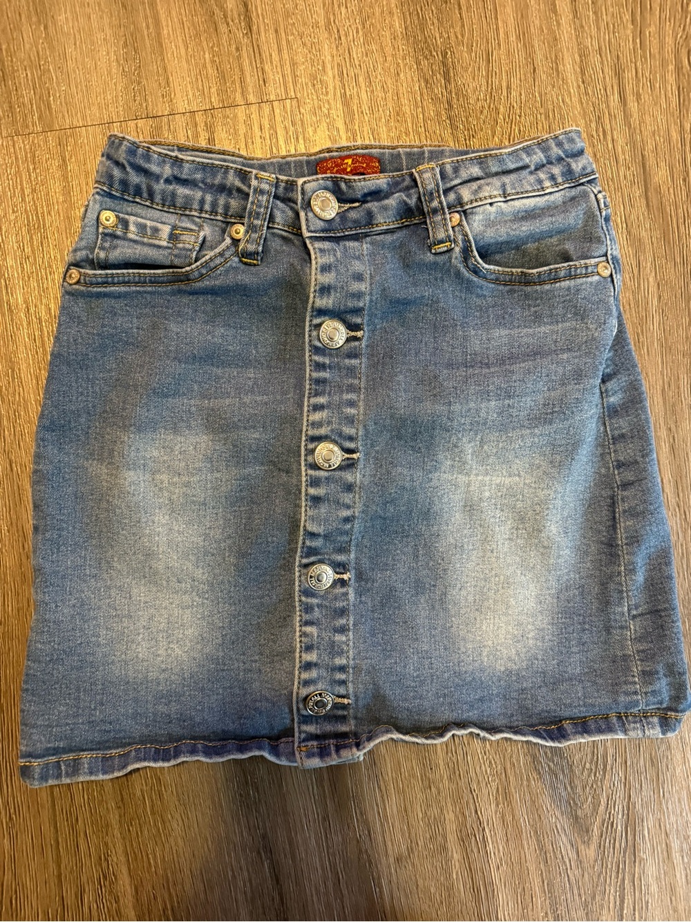 7 For All Mankind Distressed Light Blue Button-Front Denim Skirt